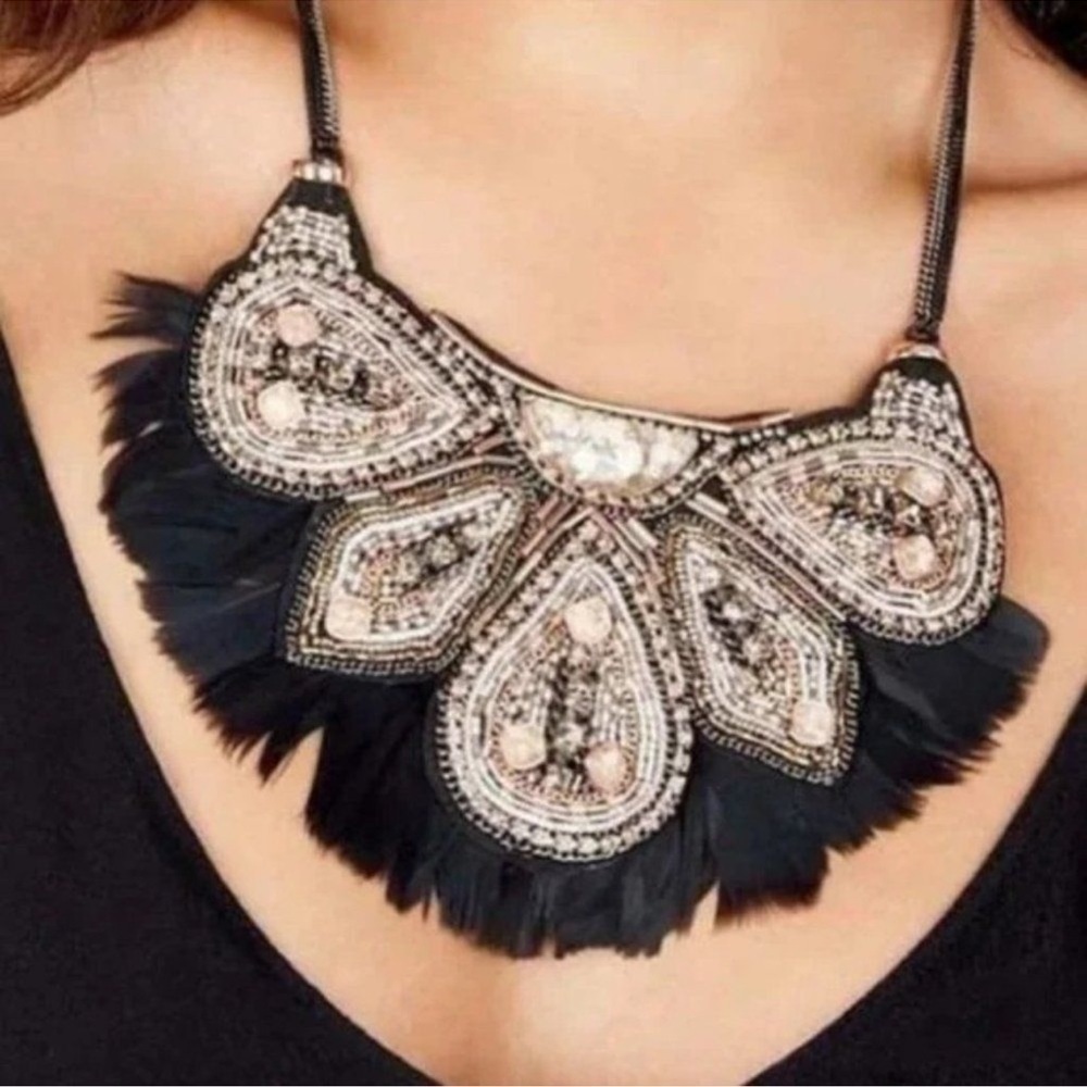 STELLA & DOT Constantine Feather Beaded Statement Collar Necklace Black NIB